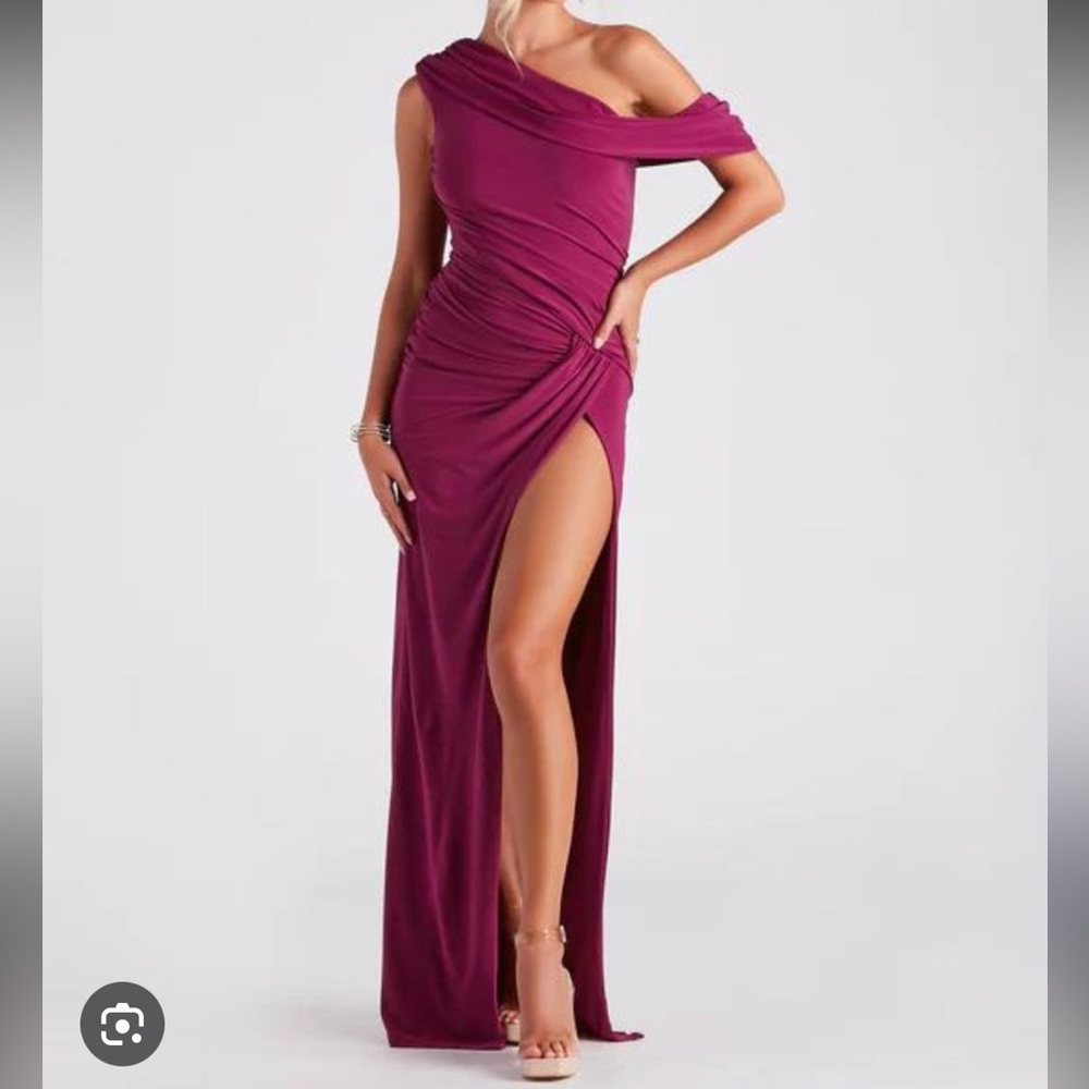 magenta purple maxi off the shoulder dress